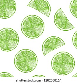 Vector seamless pattern with citrus, lime wedges. illustration in vintage engraved style.