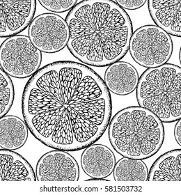 Vector seamless pattern with citrus slice. Ink drawn food illustration in vintage style for print, fabric, wrapping, textile and other seamless design. Hand drawn sketch.Black and white.