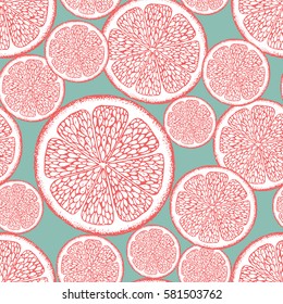 Vector seamless pattern with citrus slice. Ink drawn food illustration in vintage style for print, fabric, wrapping, textile and other seamless design. Hand drawn sketch.