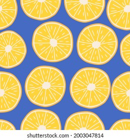 Vector seamless pattern with citrus slices on a bright blue background