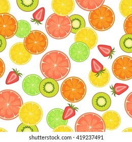 Vector seamless pattern with citrus, strawberry and kiwi slices. On white isolated background. Food design for wrapping paper, textile.