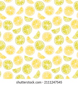 Vector seamless pattern of citruses, lime slices, oranges, lemons. Abstract background, 
wallpaper. Natural organic food illustration, juicy fruits