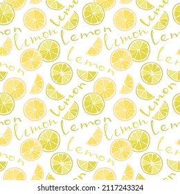 Vector seamless pattern of citruses, lime slices, oranges, lemons. Abstract background, 
wallpaper. Natural organic food illustration, juicy fruits. Pattern of lemon icons and inscriptions, text