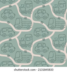 Vector seamless pattern. City traffic background. For boys, kids digital paper, wearing, wallpaper, packaging. City transport - cars, van, track, train. Vector vehicles isolated on green backgroung