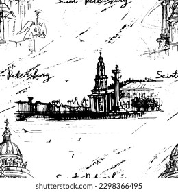 Vector seamless pattern: cityscapes of russian city Saint Petersburg and lettering. Black and white design for wrapping paper, wallpaper, textile.