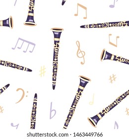 Vector seamless pattern with clarinets. Сlassical musical instruments. Warm and violet colors. Isolated objects. White background. Musical symbols