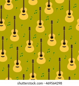 Vector seamless pattern with classic acoustic guitars and notes. Creativity, playing songs background. Musical texture for wrapping paper, gift bag, music shops and bands  web and ads design.