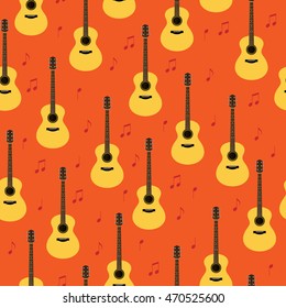 Vector seamless pattern with classic acoustic guitars and notes. Creativity, playing songs background. Musical texture for wrapping paper, gift bag, music shops and bands  web and ads design.