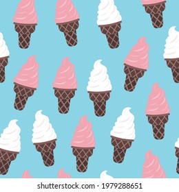 Vector seamless pattern with classic ice cream Pink and white cream in waffle cones on turquoise background