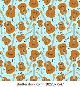 Vector seamless pattern with classic yellow guitars and musical notes. Musical background with stringed musical instruments for printing on fabrics and products for musicians