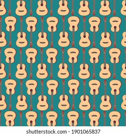 Vector seamless pattern with classic yellow guitars. Musical background with stringed musical instruments for printing on fabrics and products for musicians.