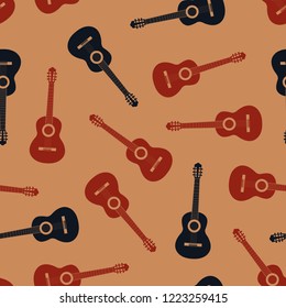 Vector seamless pattern of classical acoustic guitars and music notes.