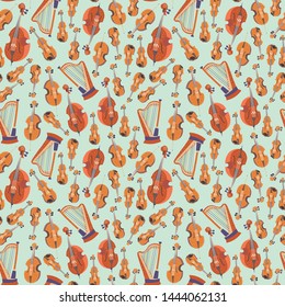 Vector seamless pattern with classical musical instruments. Warm colors. Isolated objects. Violin, bow, alto, cello, double bass, harp. 