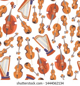 Vector seamless pattern with classical musical instruments. Warm colors. Isolated objects. Violin, bow, alto, cello, double bass, harp. 