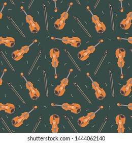 Vector seamless pattern with classical musical instruments. Warm colors. Isolated objects. Violins and bows