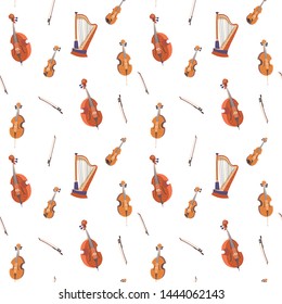 Vector seamless pattern with classical musical instruments. Warm colors. Isolated objects. Violin, bow, alto, cello, double bass, harp. 