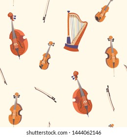 Vector seamless pattern with classical musical instruments. Warm colors. Isolated objects. Violin, bow, alto, cello, double bass, harp. 