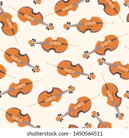 Vector seamless pattern with classical musical instruments. Warm colors. Isolated objects. Cellos and bows