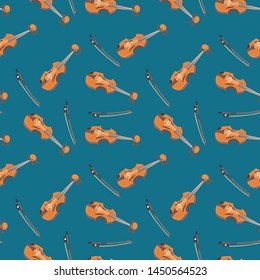 Vector seamless pattern with classical musical instruments. Warm colors. Isolated objects. Violins and bows