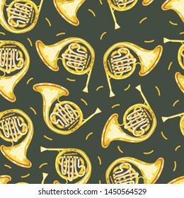 Vector seamless pattern with classical musical instruments. Warm and golden colors. Isolated objects. French horn