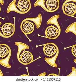 Vector seamless pattern with classical musical instruments. Warm and golden colors. Isolated objects. French horn