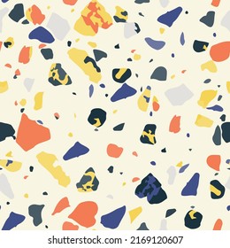 Vector seamless pattern with classical Terrazzo texture in red, gray and blue scattered chips