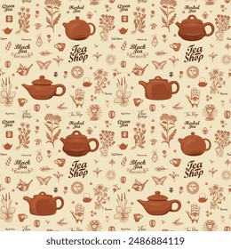 Vector seamless pattern with clay teapots, hand-drawn herbs and inscriptions. Abstract background on tea theme in retro style. Suitable for wallpaper, wrapping paper, fabric. Chinese hieroglyph Tea