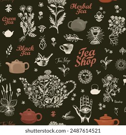 Vector seamless pattern with clay teapots, hand-drawn herbs and inscriptions. Abstract background on tea theme in retro style. Suitable for wallpaper, wrapping paper, fabric. Chinese hieroglyph Tea