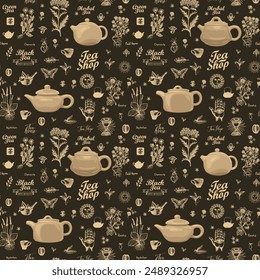 Vector seamless pattern with clay teapots, hand-drawn herbs and inscriptions. Abstract background on tea theme in retro style. Suitable for wallpaper, wrapping paper, fabric. Chinese hieroglyph Tea