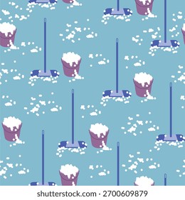 Vector seamless pattern with cleaning items on a blue background. Drawing for packaging, business cards and wallpapers with bright objects. Image of a bucket and brushes