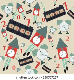 Vector seamless pattern with clock in flat style EPS10