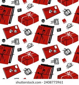 Vector seamless pattern of closed envelopes with letters, parcels, stamps in red, black, white colors. Hand-drawn postal background with envelopes, stamps, envelopes in a stack. Mail correspondence