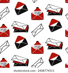 Vector seamless pattern of closed and open envelopes with letters in red, black, and white colors. Hand-drawn postal background with envelopes, mail, letters. Envelopes with letters from loved ones