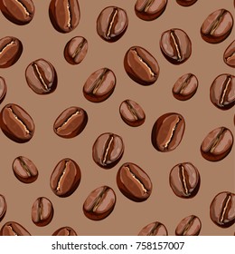 Vector seamless pattern with close-up coffee beans. Background on coffee theme.