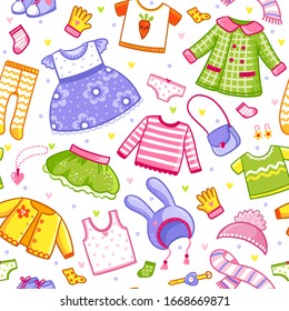 Image vectorielle motif harmonieux de vêtements en style dessin animé. Image vectorielle grand ensemble avec une collection de t-shirts, chapeaux, vêtements, chaussures et sous-vêtements pour une fille et des enfants.