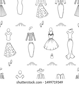 Vector seamless pattern with clothes in french style . Line art. Hand drawn. Dress, skirt, shoes.