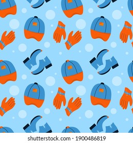 Vector seamless pattern with clothes and shoes. Endless print with cap, gloves and female shoes. Illustration of background for casual outfit and modern wardrobe, shopping and fashion concept