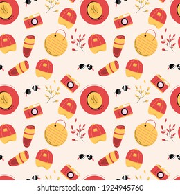 Vector sin fisuras con ropa y zapatos para viajar. Impresión sin fin con sombrero, gorra, cámara fotográfica, gafas de sol, bolsa y zapatillas. Ilustración de los antecedentes de las vacaciones de verano, descanso en el balneario