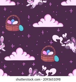 Vector seamless pattern with clouds, basket, eggs and rabbit for Easter day. Background for printing on tile, fabric, wallpaper, wrapping paper, scrapbooking, tablecloths, notebooks