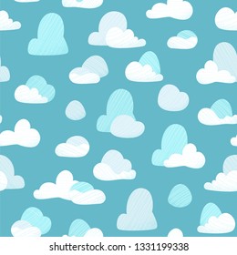Vector seamless pattern of clouds. Big and small clouds in the blue sky. Flat boundless background for your design.