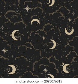 Vector seamless pattern with clouds, moons and stars. Gold decorative ornament. Graphic lunar pattern for astrology, esoteric, tarot, mystic and magic. Luxury elegant design.