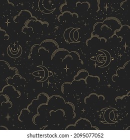 Vector seamless pattern with clouds, moons and stars. Gold decorative ornament. Graphic lunar pattern for astrology, esoteric, tarot, mystic and magic. Luxury elegant design.