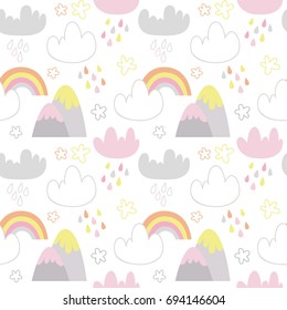 Vector seamless pattern with clouds and mountains. Cute children's background.