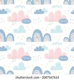 Vector seamless pattern with clouds on a white background. Illustration for wrapping paper, post cards, prints for fabric, emblems, advertising and packaging. 