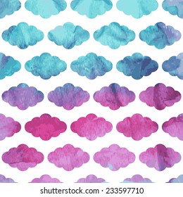 Vector Seamless  Pattern with Clouds on watercolor winter background