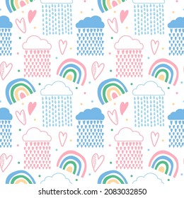 Vector seamless pattern. Clouds, rain, drops, tears, rainbow, stars, the Sun, Moon, heart. Weather at the day or night. Hand drawn in doodle style. Lovely background for printing on paper or fabric.
