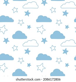 Vector seamless pattern. Clouds, rain, drops, tears, rainbow, stars, the Sun, Moon, heart. Weather at the day or night. Hand drawn in doodle style. Lovely background for printing on paper or fabric.
