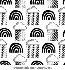 Vector seamless pattern. Clouds, rain, drops, tears, rainbow, stars, the Sun, Moon, heart. Weather at the day or night. Hand drawn in doodle style. Lovely background for printing on paper or fabric.
