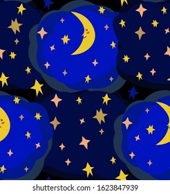vector seamless pattern with clouds, stars and moon.  style design. good night background. night sky childish illustration. fabric, wrapping paper, background, wallpaper surface and textile design. 