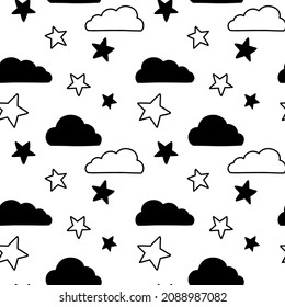 Vector seamless pattern. Clouds,  stars, Moon. Night sky. Hand drawn in doodle style. Lovely background for printing on paper or fabric.
